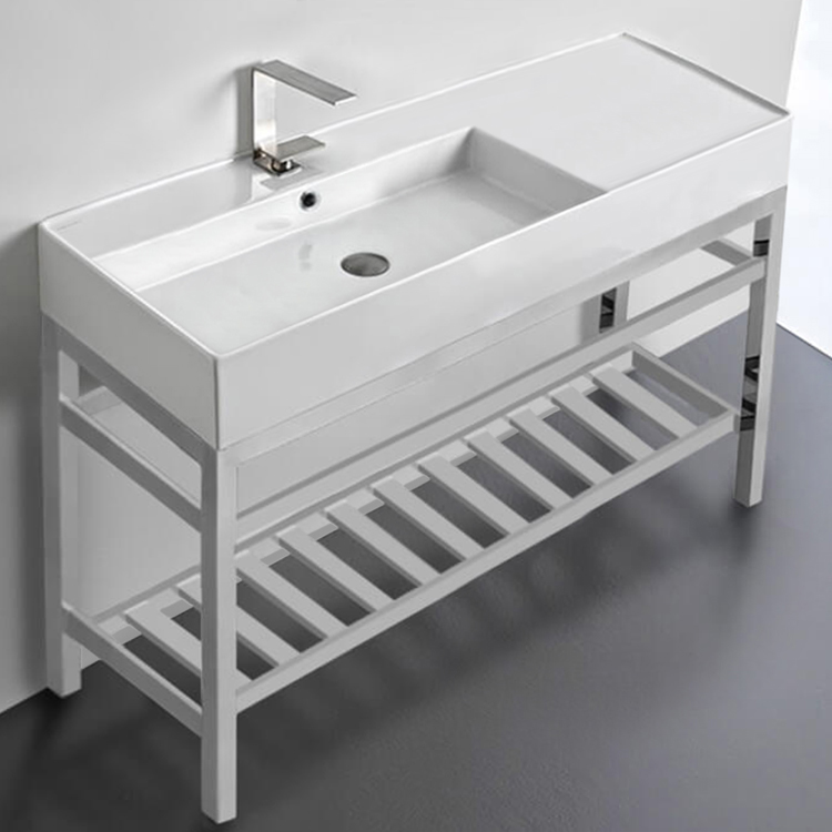 Scarabeo 5121-CON2-One Hole Rectangular Ceramic Console Sink and Polished Chrome Stand